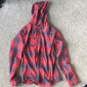 Mountain Hardwear Red and Gray Plaid Hooded Button-Down Shirt